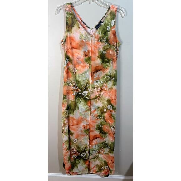 Anthony Original Coral Green Floral Chiffon Overlay Maxi Dress Size Small - Picture 1 of 10